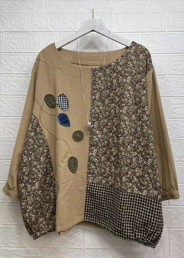 Khaki Asymmetrical Print Patchwork Cotton Top Fall