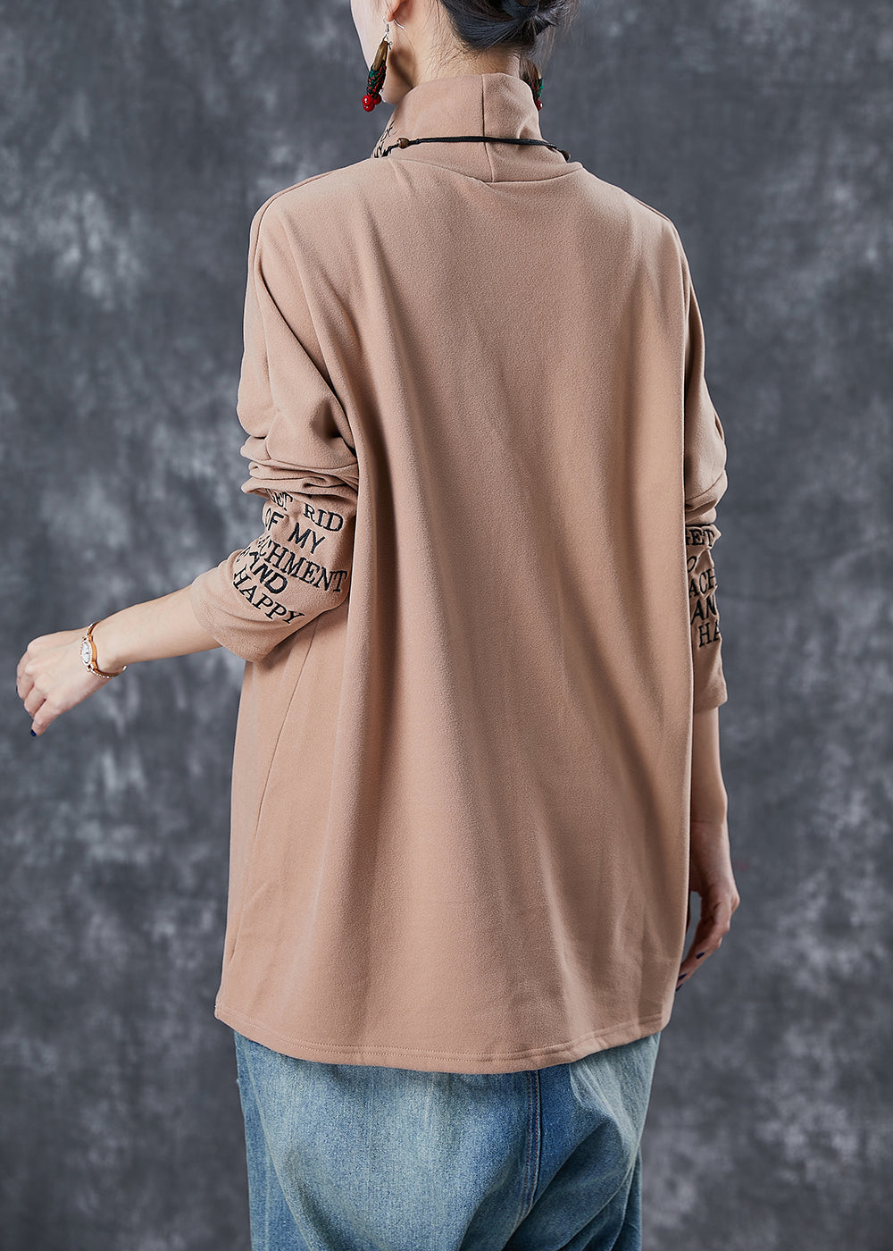 Khaki Turtle Neck Letter Embroideried Velour Tops Fall