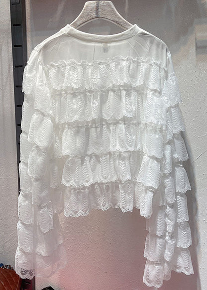 Diy Black O Neck Ruffled Layered Patchwork Lace Blouses Long Sleeve