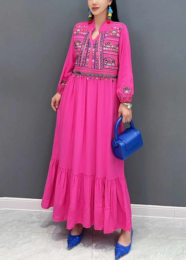 Rose Embroidered Patchwork Cotton Long Dresses Fall