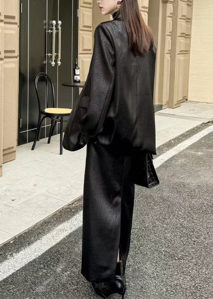 Black Notched Tie Waist Satin Coats and Maxi Skirts Two Pieces Set Spring