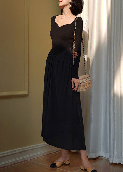 Black Square Collar Patchwork Slim Fit Knit Dress Spring