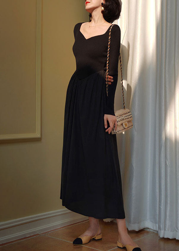 Black Square Collar Patchwork Slim Fit Knit Dress Spring