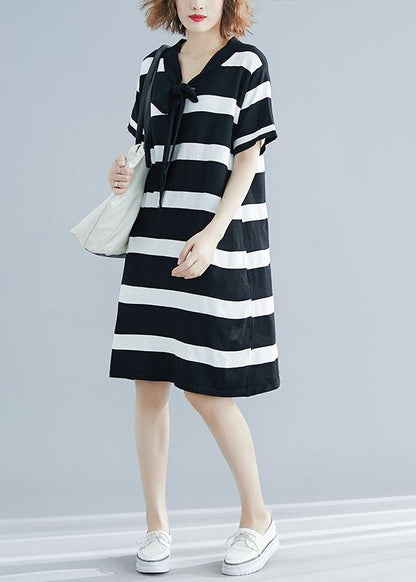 French Black White Wide Striped Cotton Bow Summer Dress