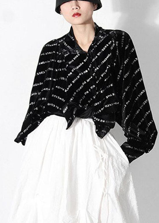 Loose Black Peter Pan Collar Button Graphic Shirt Spring