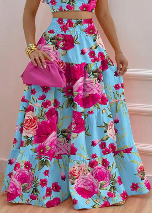 Art Blue Print Tank and Elastic Waist Skirts Cotton Two Pieces Set Summer