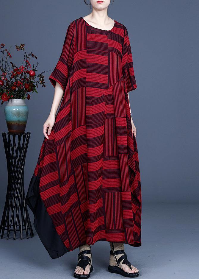 Comfy Red Striped Asymmetrical Design Maxi Summer Cotton Linen Dress