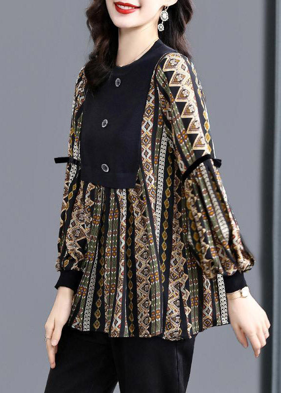 Black O-neck Patchwork Striped Print Shirt Tops Long Sleeve