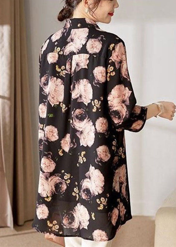 Boutique Black Peter Pan Collar Print Chiffon Blouse Tops Bracelet Sleeve