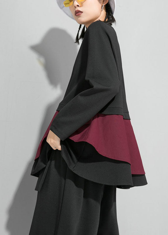 Organic Mulberry O-neck Patchwork Ruffles Fall Top Long Sleeve