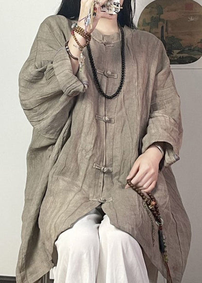 Grey Brown Stand Collar Chinese Button Linen Shirt Top Fall