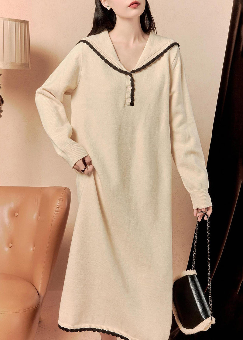Beige Sailor Collar Button Knit Dress Winter