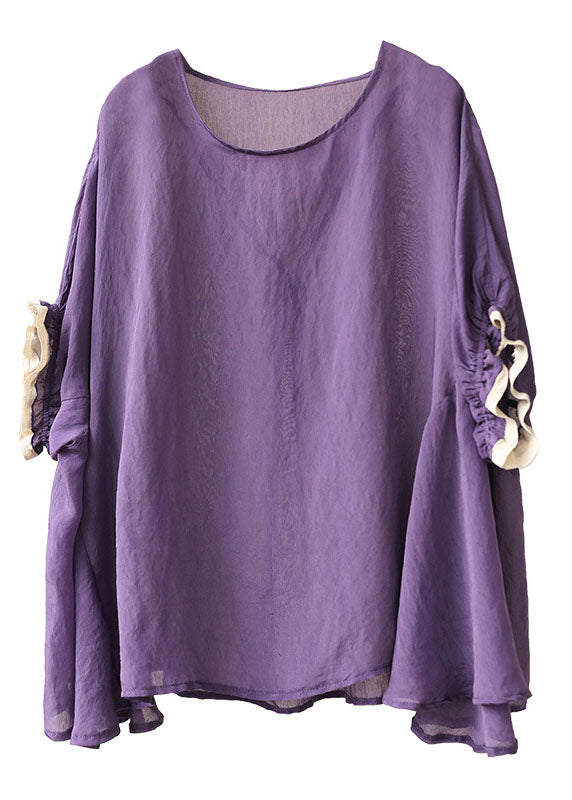Purple O-neck Patchwork Ruffled Fall Shirt Half Sleeve