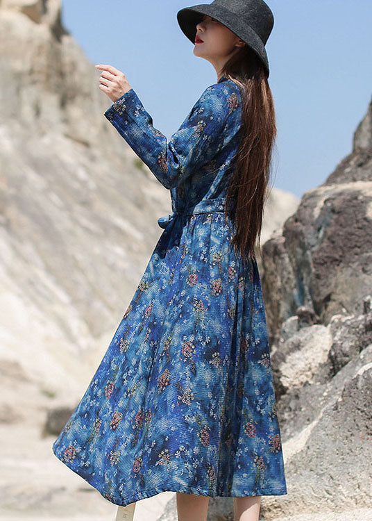 Blue Cinched Print Long Dresses Spring