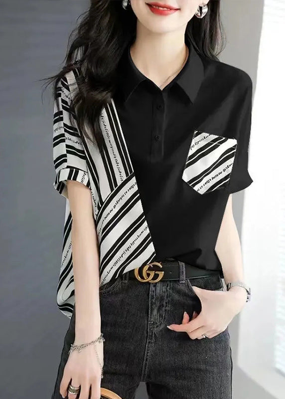 White Peter Pan Collar Striped Patchwork Top Short Sleeve