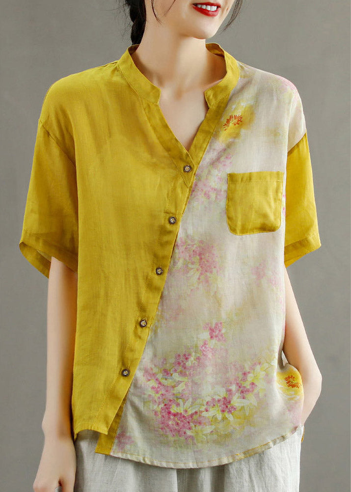 Yellow V Neck Asymmetrical Print Blouse Tops Short Sleeve
