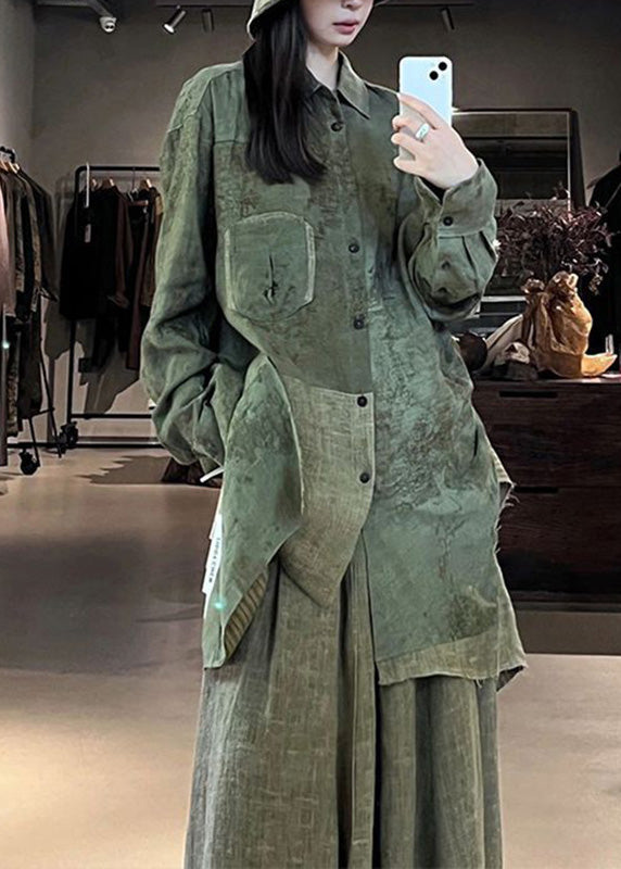 Green Print Patchwork Shirts and Maxi Skirts Two Pieces Set Fall