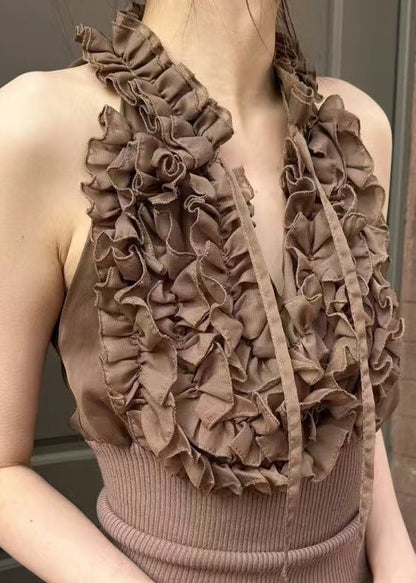 Coffee Ruffled Lace Up Knit Patchwork Tank Sleeveless