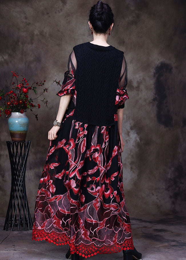 Red Lace Knit Dresses Embroideried Spring
