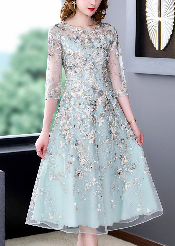 Water Blue O-neck Embroideried Tunic Organza Long Dress Half Sleeve