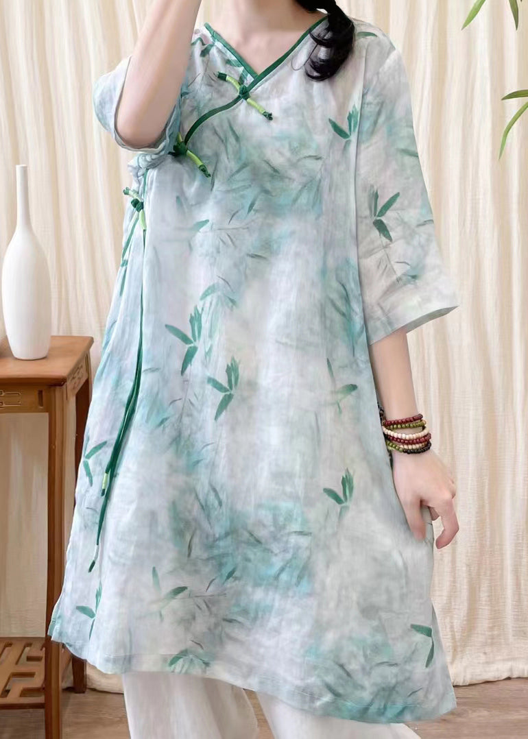 Yellow V Neck Print Chinese Button Linen Mid Dress Summer