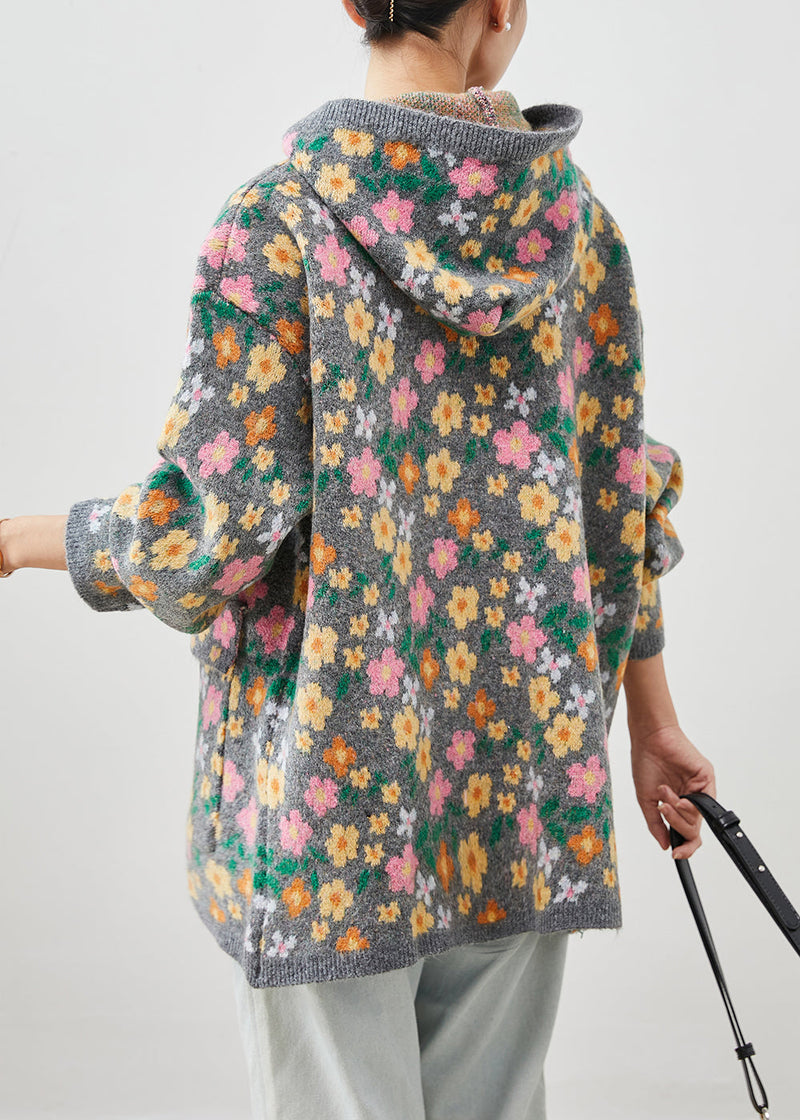 Stylish Grey Zip Up Print Knit Coat Spring