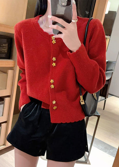 Red O Neck Button Knit Cardigan Coat Fall