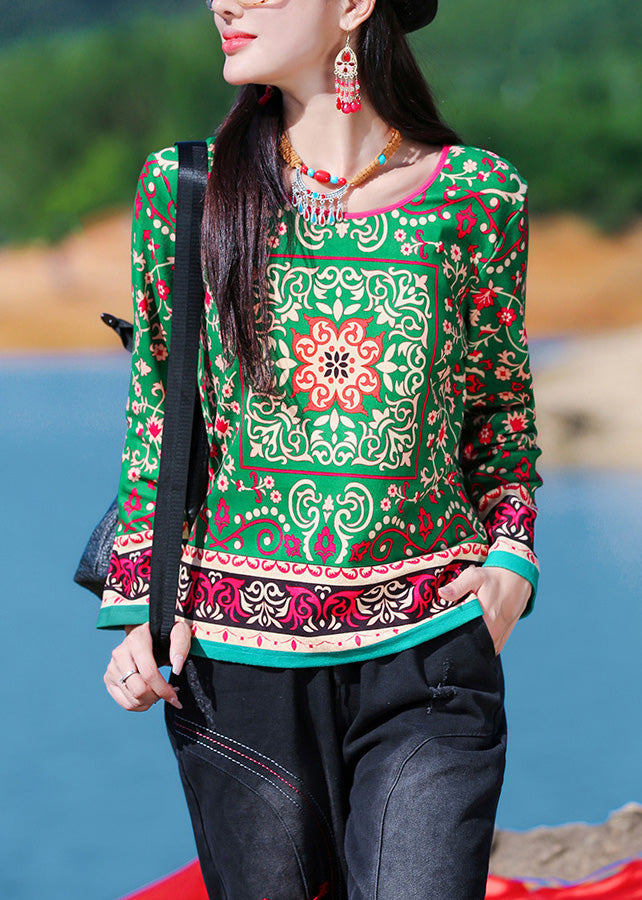 Diy Green O-neck Print Top Long Sleeve
