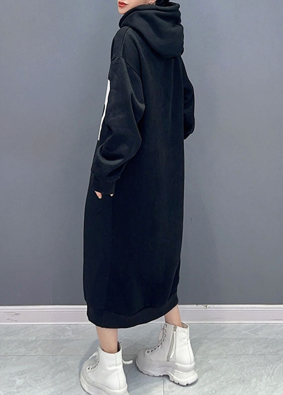 Green Print Cotton Hooded Maxi Dress Fall