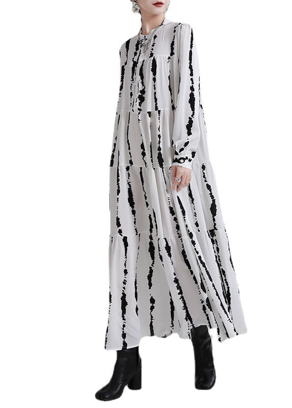 Boutique White Print Patchwork Asymmetrical Design Fall Vacation Dresses Long Sleeve