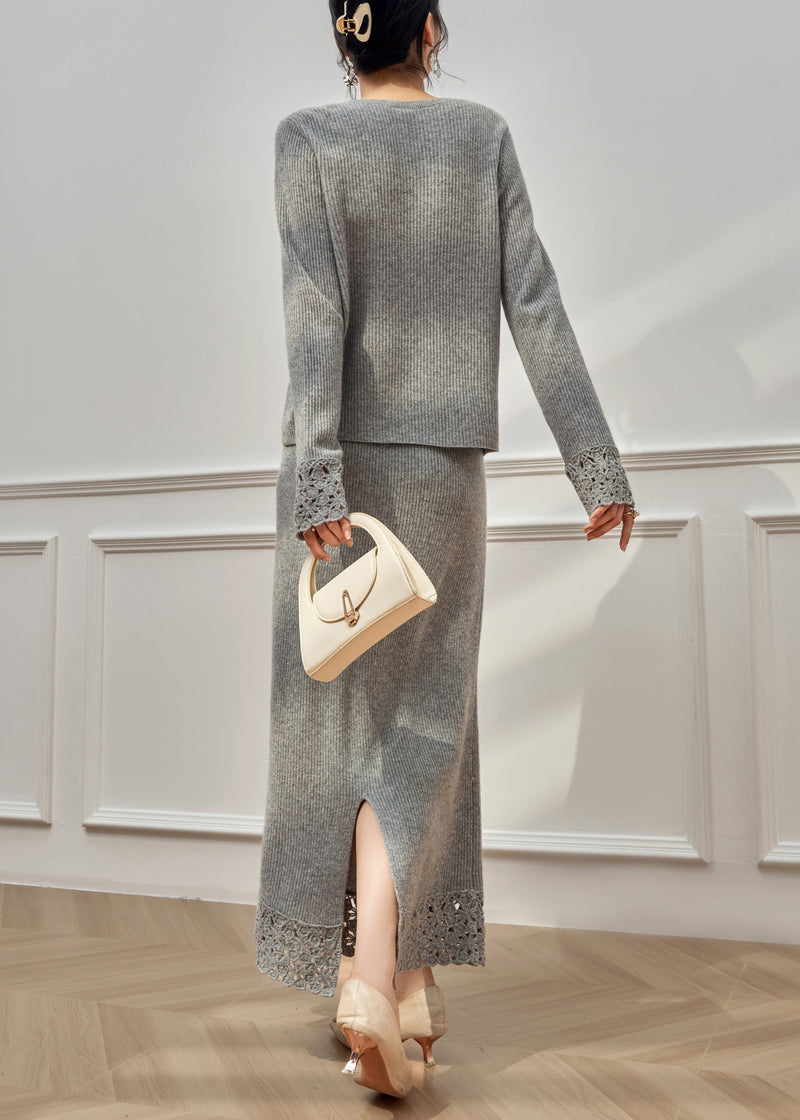 Simple Grey Hollow Out Sweaters and Skirts Knit Two Pieces Set Winter