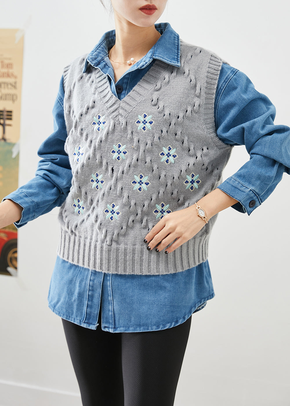 Oversized Thick Knit Vest and Denim Shirt Two Piece Set Outfits Fall
