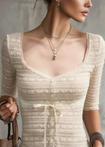 Unique Apricot O Neck Patchwork Lace T Shirts Summer
