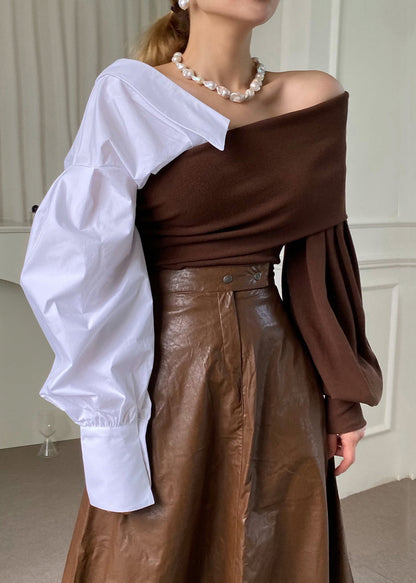 Brown Asymmetrical Patchwork Cotton Knit Top Fall