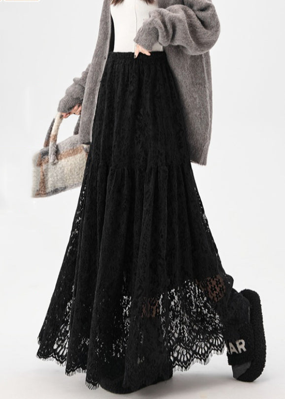 Black Elastic Waist Lace Skirt Hollow Out
