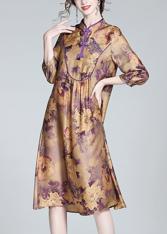 Purple Stand Collar Print Button Long Dress Spring