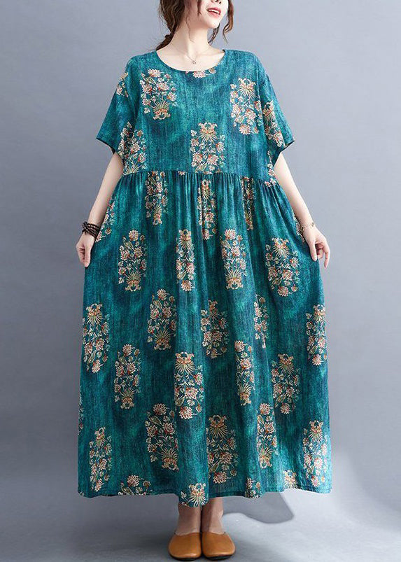 Green O Neck Print Cotton Long Dress Summer