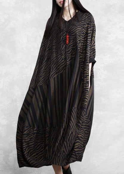 Handmade V Neck Asymmetric Spring Clothes Work Chocolate Striped Robe Dress