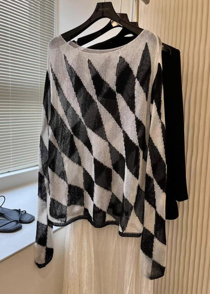 Striped Plaid Slash Neck Knit Top Fall