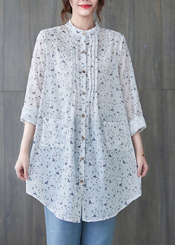 Italian White Stand Collar Wrinkled Print Shirts Half Sleeve