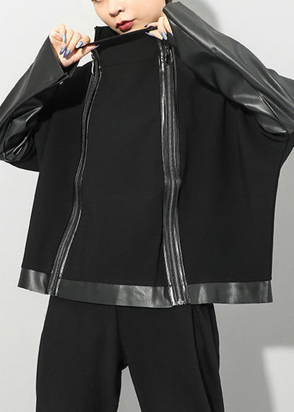 Black Stand Collar Zip Up Faux Leather Patchwork Coat Long Sleeve