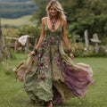 Vintage Floral Embroidery Linen Maxi Dress artswardrobe