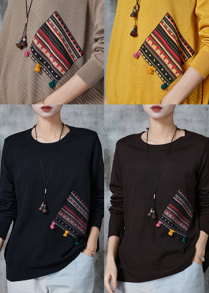 Black Patchwork Applique Knit Pullover Spring