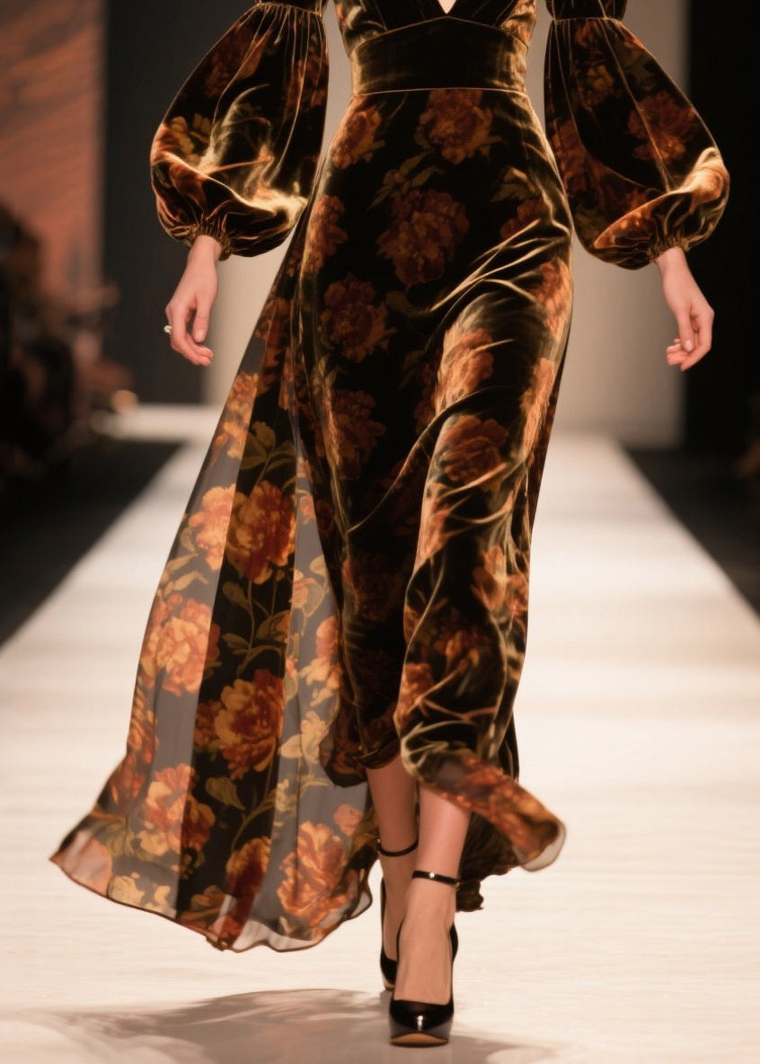 V Neck Print Velvet Ankle Dress Lantern Sleeve