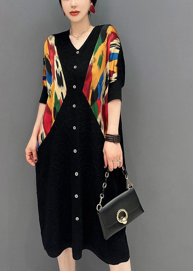 Black V Neck Patchwork Print Button Dress Spring
