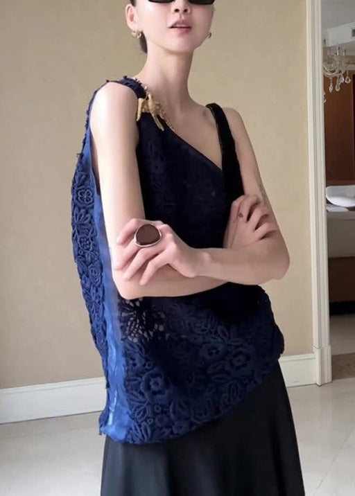 Blue Asymmetrical Hollow Out Tank Sleeveless
