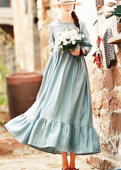 Modern Light Blue Tunic Dress O Neck Ruffles Long Spring Dresses