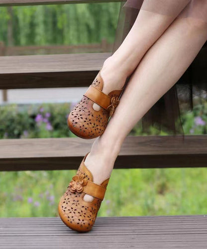 Caramel Hollow Out Cowhide Leather Chunky Heel Slide Sandals