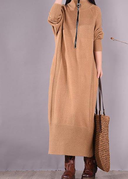 French Khaki Dress Zippered Pockets Dresses Spring Dress