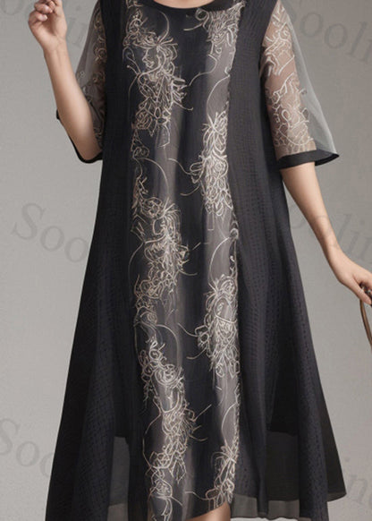 Black O Neck Print Patchwork Silk Dress Summer